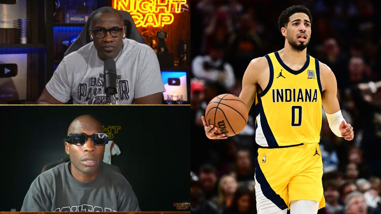 Shannon Sharpe and Ocho Johnson (L) and Tyrese Haliburton (R)