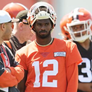 May 10, 2025; Berea, OH, USA; Cleveland Browns quarterback Shedeur Sanders (12) waits his turn for a drill during rookie minicamp at CrossCountry Mortgage Campus.