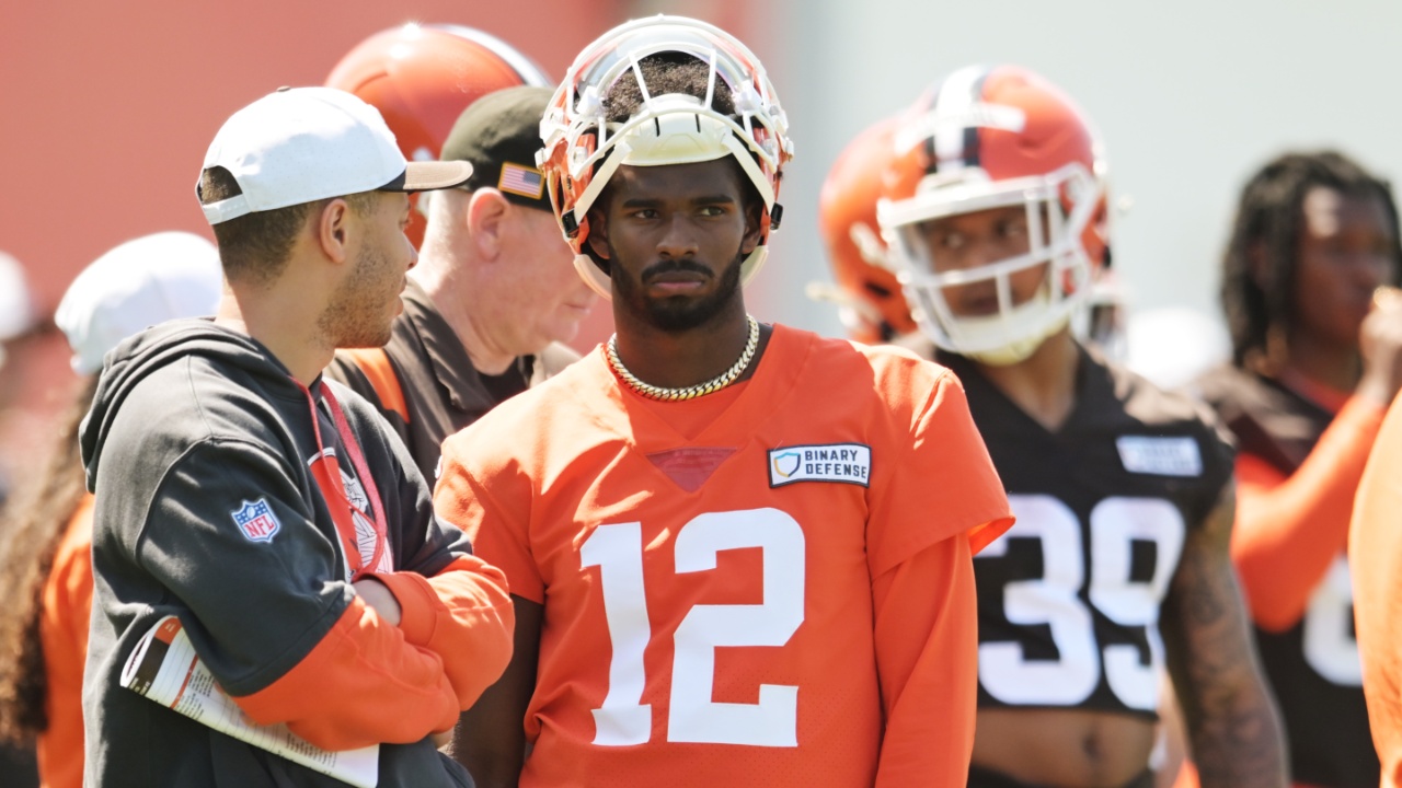 May 10, 2025; Berea, OH, USA; Cleveland Browns quarterback Shedeur Sanders (12) waits his turn for a drill during rookie minicamp at CrossCountry Mortgage Campus.