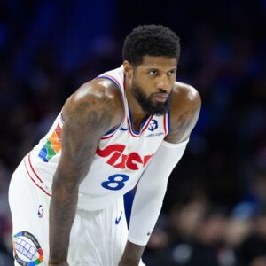 Philadelphia 76ers forward Paul George (8) looks on against the Golden State Warriors during the second quarter at Wells Fargo Center.