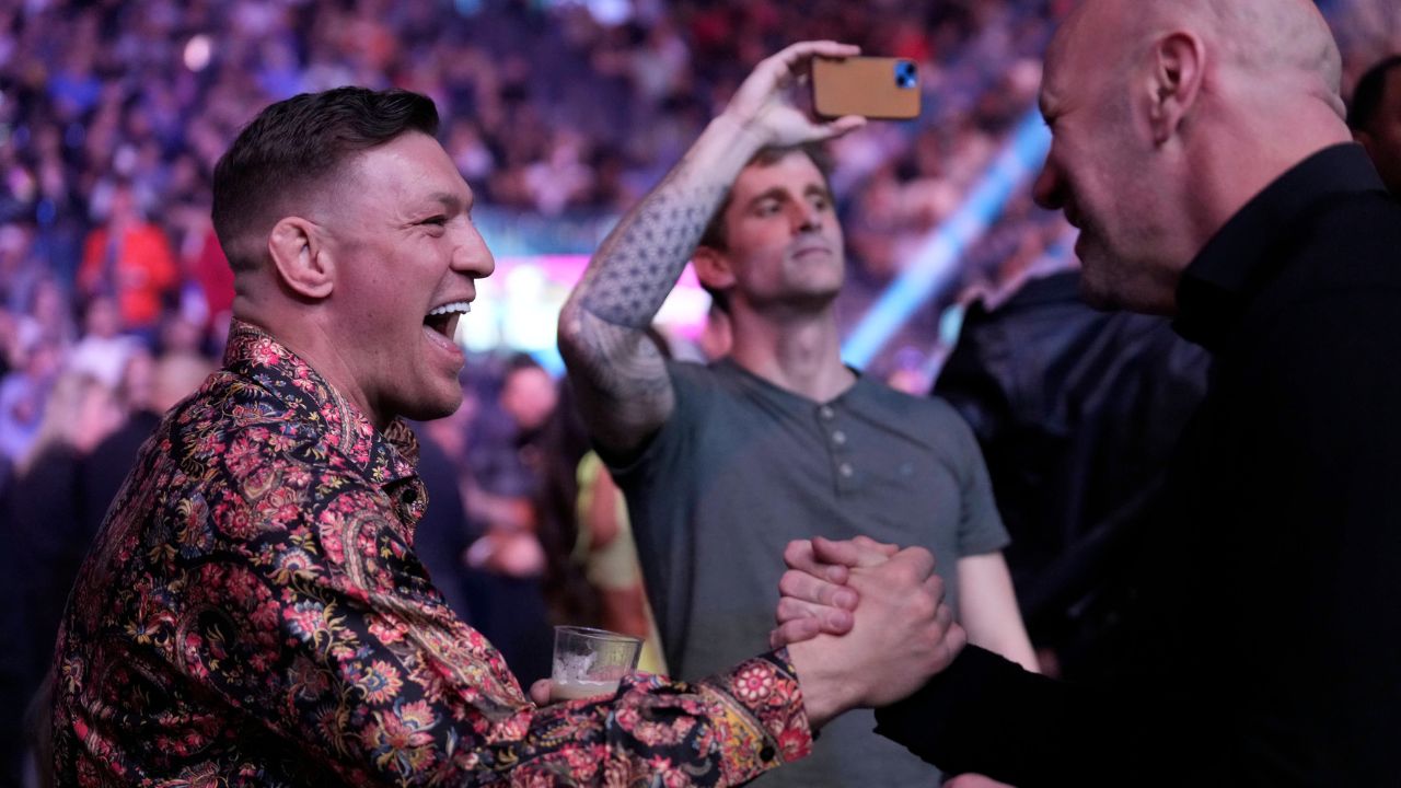 Conor McGregor and Dana White share a laugh dayside at T-Mobile Arena for UFC 285 -Jones vs Gane