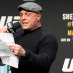 Joe Rogan at the ceremonial weigh-ins at MGM Grand Garden Arena for UFC 285 -Jones vs Gane