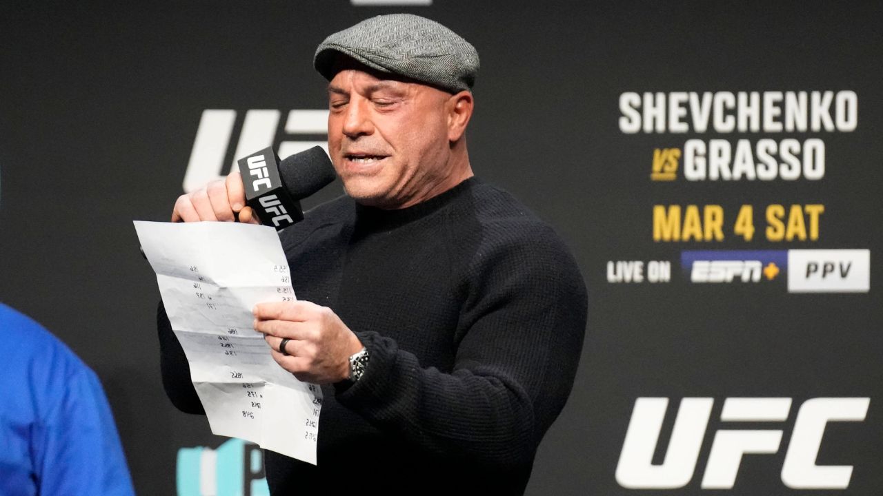 Joe Rogan at the ceremonial weigh-ins at MGM Grand Garden Arena for UFC 285 -Jones vs Gane