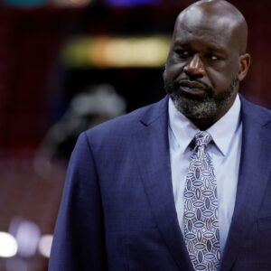 May 23, 2023; Miami, Florida, USA; Shaquille O'Neal looks on before game four between the Miami Heat and the Boston Celtics in the Eastern Conference Finals for the 2023 NBA playoffs at Kaseya Center