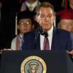 Legendary Alabama football coach Nick Saban introduces President Donald Trump. Trump delivered a special commencement address to University of Alabama graduates at Coleman Coliseum. Graduation occurs over the weekend.