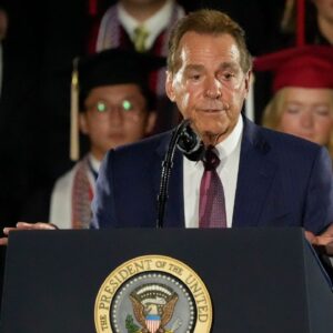 Legendary Alabama football coach Nick Saban introduces President Donald Trump. Trump delivered a special commencement address to University of Alabama graduates at Coleman Coliseum. Graduation occurs over the weekend.