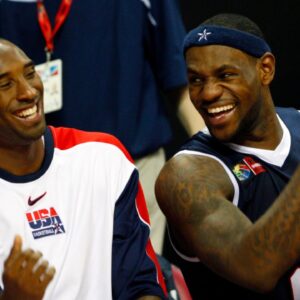 USA guard (10) Kobe Bryant and forward (6) LeBron James react on the bench as USA defeats Puerto Rico 117-78 in the second round of the 2007 FIBA Americas Championship at the Thomas and Mack Center.