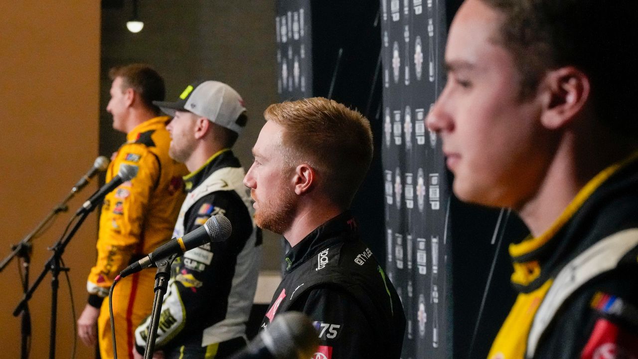 Christopher Bell, Tyler Reddick, William Byron and Michael McDowell answer questions from the media at Charlotte Convention Center.