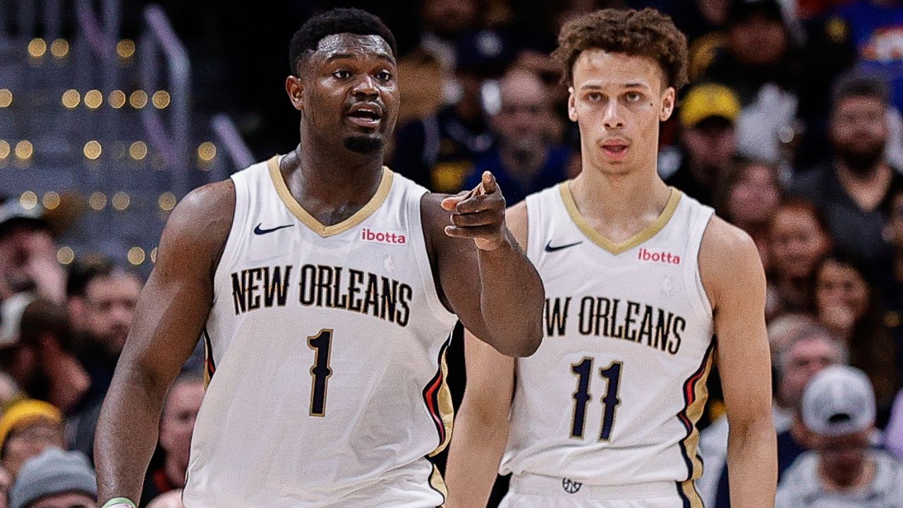New Orleans Pelicans forward Zion Williamson (1) gestures ahead of guard Dyson Daniels (11) in the fourth quarter against the Denver Nuggets at Ball Arena.
