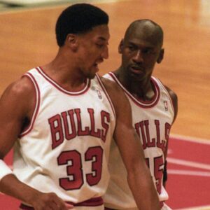 Mar 30, 1995; Chicago, IL, USA; Chicago Bulls guard Michael Jordan (45) talks with forward Scottie Pippen (33) after a timeout from the game against the Boston Celtics at Chicago Stadium. The Bulls beat the Celtics 100-82. Mandatory Credit: Matthew Emmons-USA TODAY Sports