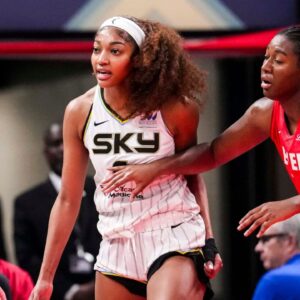 Chicago Sky forward Angel Reese (5) reacts to a flagrant foul from Indiana Fever guard Caitlin Clark (22) on Saturday, May 17, 2025, during a game between the Indiana Fever and the Chicago Sky at Gainbridge Fieldhouse in Indianapolis. The Indiana Fever defeated the Chicago Sky, 93-58.