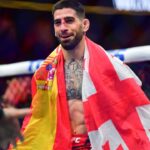 Ilia Topuria celebrates his championship victory against Alexander Volkanovski during UFC 298 at Honda Center.