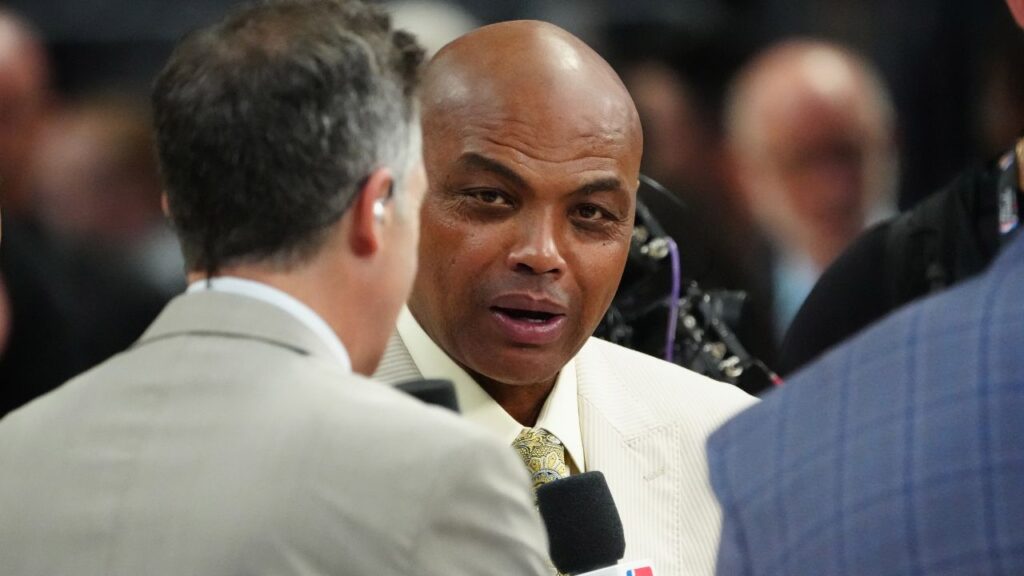 Jun 4, 2023; Denver, CO, USA; TNT sports analyst Charles Barkley speaks before game two between the Miami Heat and the Denver Nuggets in the 2023 NBA Finals at Ball Arena. Mandatory Credit: Ron Chenoy-Imagn Images