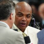 Jun 4, 2023; Denver, CO, USA; TNT sports analyst Charles Barkley speaks before game two between the Miami Heat and the Denver Nuggets in the 2023 NBA Finals at Ball Arena. Mandatory Credit: Ron Chenoy-Imagn Images