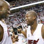 Miami Heat s Shaquille O Neal, left, and Dwyane Wade celebrate their 106-105 win over the New Jersey Nets during Game 5 of the second round of the NBA, Basketball Herren, USA Eastern Conference semifinals, on Tuesday, May 16, 2006.