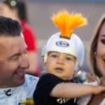 NASCAR Xfinity Series driver AJ Allmendinger with wife Tara Allmendinger and son Aero Allmendinger during the Championship race at Phoenix Raceway.