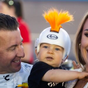 NASCAR Xfinity Series driver AJ Allmendinger with wife Tara Allmendinger and son Aero Allmendinger during the Championship race at Phoenix Raceway.