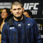 Khabib Nurmagomedov steps on the scale for the ceremonialweigh-in at Intercontinental Downtown Los Angeles for UFC311 Makhachev vs Tsarukyan 2 : Official Weigh-ins
