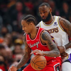 Dec 19, 2021; Chicago, Illinois, USA; Los Angeles Lakers forward LeBron James (6) defends against Chicago Bulls forward DeMar DeRozan (11) during the second half at United Center.