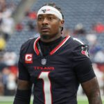 Houston Texans wide receiver Stefon Diggs (1) walks towards the sideline before the game against the Indianapolis Colts at NRG Stadium.