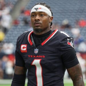 Houston Texans wide receiver Stefon Diggs (1) walks towards the sideline before the game against the Indianapolis Colts at NRG Stadium.