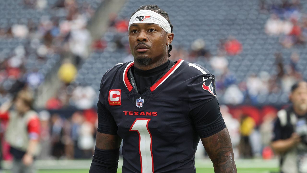 Houston Texans wide receiver Stefon Diggs (1) walks towards the sideline before the game against the Indianapolis Colts at NRG Stadium.