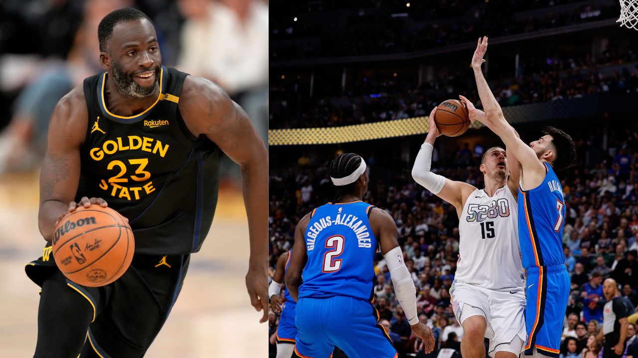 (L) Draymond Green (R) Shai Gilgeous-Alexander and Nikola Jokic