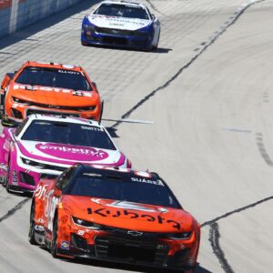 NASCAR Cup Series driver Daniel Suarez (99) leads driver Zane Smith (71) and driver Chase Elliott (9) during the NASCAR Cup Series AutoTrader EchoPark 400 at Texas Motor Speedway.