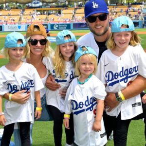 Los Angeles Rams quarterback Matthew Stafford (9) with his wife Kelly with their 4 daughters on the field prior to the game between the Los Angeles Dodgers and the Atlanta Braves at Dodger Stadium.