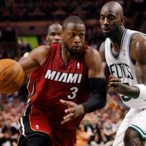 May 7, 2011; Boston, MA, USA; Miami Heat shooting guard Dwyane Wade (3) drives past Boston Celtics power forward Kevin Garnett in game three of the second round of the 2011 NBA playoffs at TD Garden.