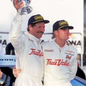 NASCAR driver Dale Earnhardt Sr and Dale Earnhardt Jr in victory lane after Earnhardt Sr. won the IROC race at Daytona International Speedway.