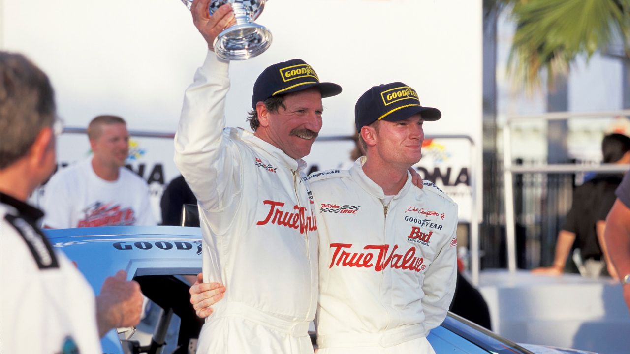NASCAR driver Dale Earnhardt Sr and Dale Earnhardt Jr in victory lane after Earnhardt Sr. won the IROC race at Daytona International Speedway.