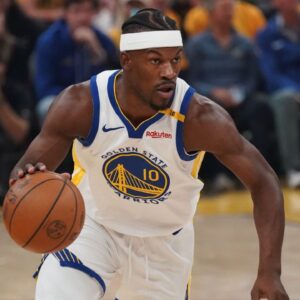 Golden State Warriors forward Jimmy Butler III (10) dribbles upcourt against the Minnesota Timberwolves in the first quarter during game three of the second round for the 2025 NBA Playoffs at Chase Center