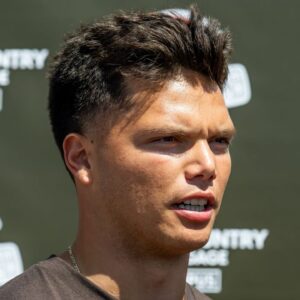 Cleveland Browns quarterback Dillon Gabriel (5) talks to the media during rookie minicamp at CrossCountry Mortgage Campus.