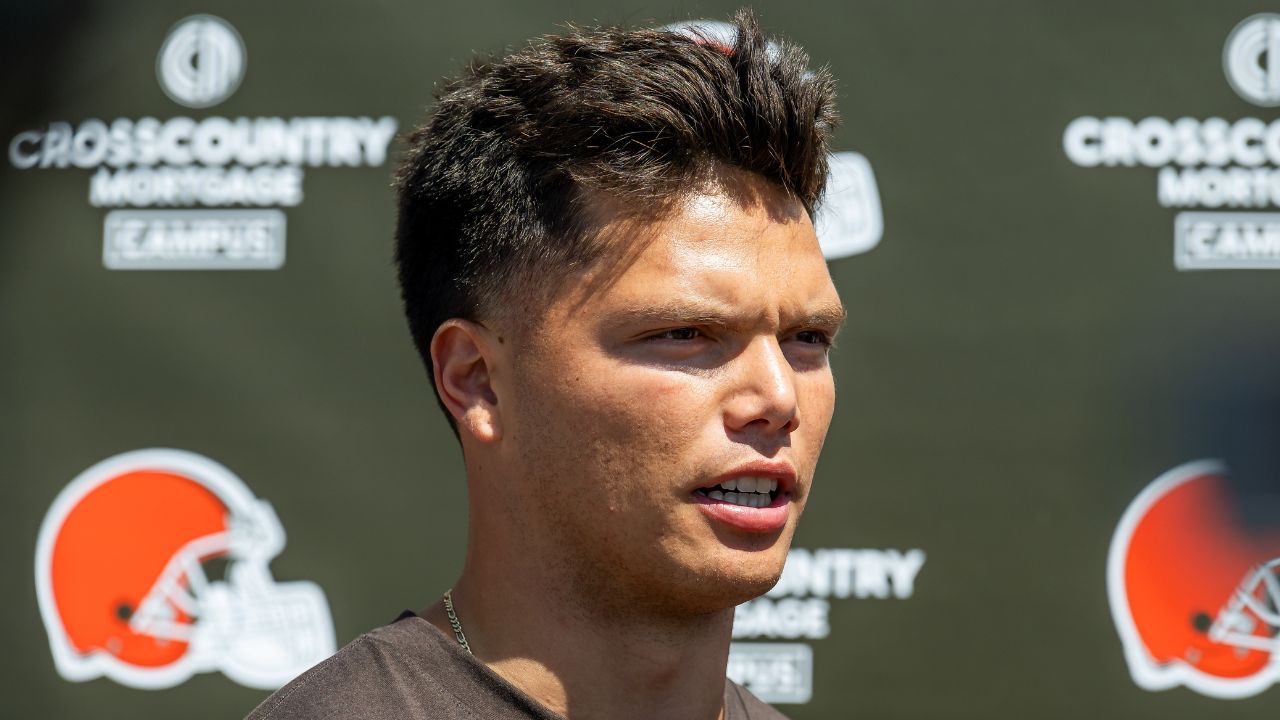 Cleveland Browns quarterback Dillon Gabriel (5) talks to the media during rookie minicamp at CrossCountry Mortgage Campus.