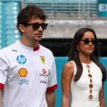Charles Leclerc Scuderia Ferrari HP with girlfriend Alexandra Saint Mleux and dachshund in the paddock, Grand Prix of Miami