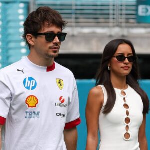 Charles Leclerc Scuderia Ferrari HP with girlfriend Alexandra Saint Mleux and dachshund in the paddock, Grand Prix of Miami