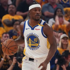Golden State Warriors forward Jimmy Butler III (10) dribbles upcourt against the Minnesota Timberwolves in the first quarter during game three of the second round for the 2025 NBA Playoffs at Chase Center.