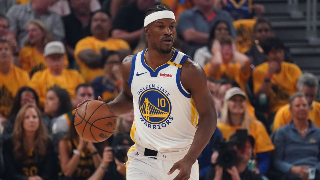 Golden State Warriors forward Jimmy Butler III (10) dribbles upcourt against the Minnesota Timberwolves in the first quarter during game three of the second round for the 2025 NBA Playoffs at Chase Center.