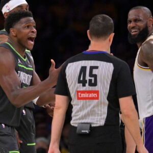 LeBron James (L), Anthony Edwards and LeBron James (C), and Steve Nash (R)