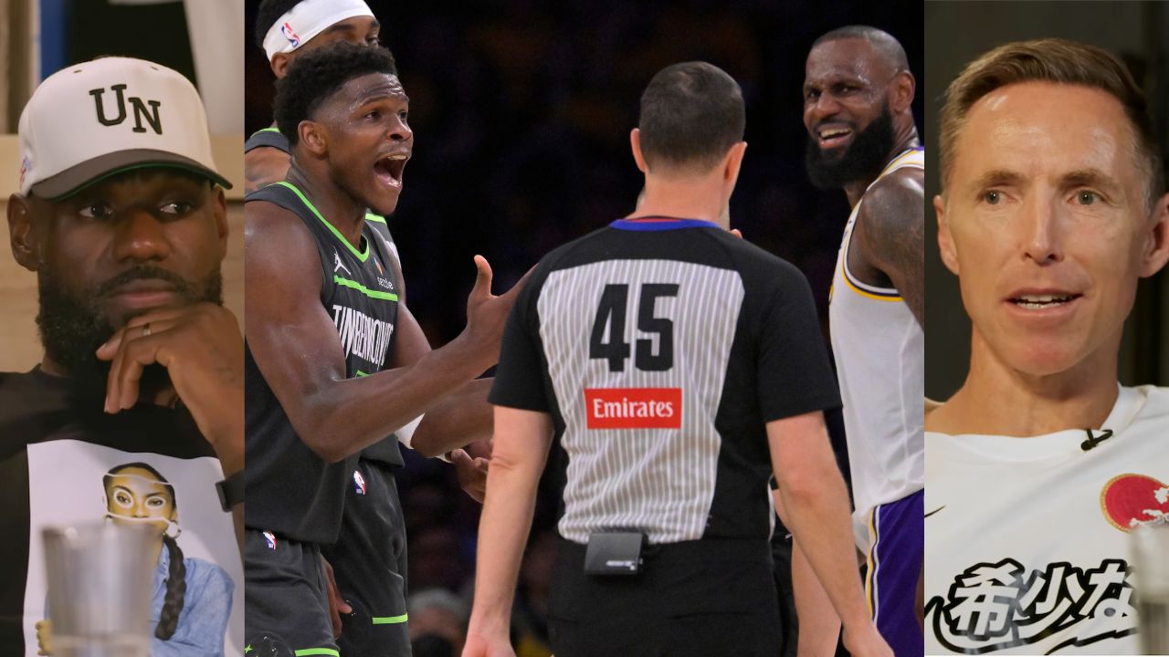 LeBron James (L), Anthony Edwards and LeBron James (C), and Steve Nash (R)