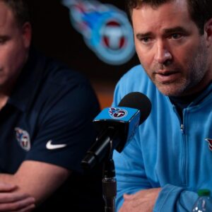 Tennessee Titans Head Coach Brian Callahan fields questions from the media at Ascension Saint Thomas Sports Park in Nashville, Tenn., Tuesday, April 22, 2025.