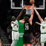 Jrue Holiday and Kristaps Porzingis, Celtics v Rockets