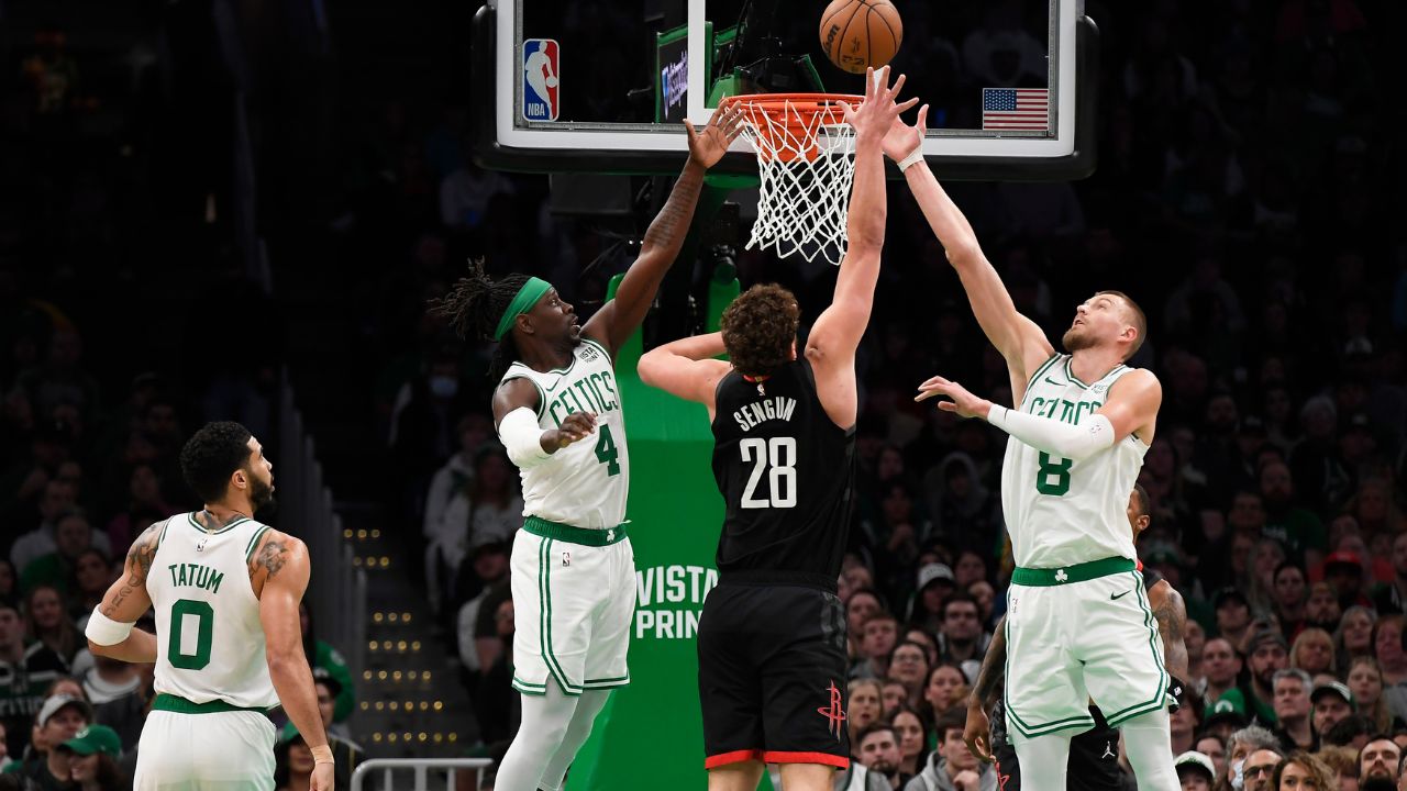Jrue Holiday and Kristaps Porzingis, Celtics v Rockets