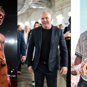 Canelo Alvarez (L), Dana White (C), Terence Crawford (R)