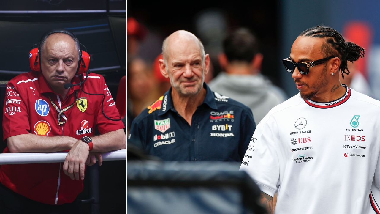 Fred Vasseur(L), Adrian Newey and Lewis Hamilton(R)