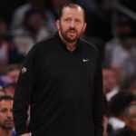 May 21, 2025; New York, USA; New York Knicks head coach Tom Thibodeau looks on in the third quarter against the Indiana Pacers during game one of the Eastern Conference Finals for the 2025 NBA Playoffs at Madison Square Garden. Mandatory Credit: Brad Penner-Imagn Images