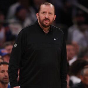 May 21, 2025; New York, USA; New York Knicks head coach Tom Thibodeau looks on in the third quarter against the Indiana Pacers during game one of the Eastern Conference Finals for the 2025 NBA Playoffs at Madison Square Garden. Mandatory Credit: Brad Penner-Imagn Images