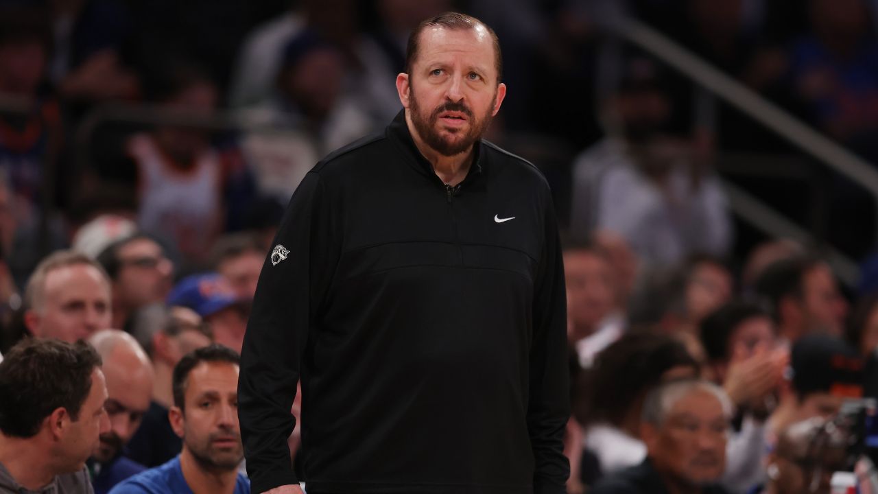 May 21, 2025; New York, USA; New York Knicks head coach Tom Thibodeau looks on in the third quarter against the Indiana Pacers during game one of the Eastern Conference Finals for the 2025 NBA Playoffs at Madison Square Garden. Mandatory Credit: Brad Penner-Imagn Images