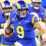 Dec 28, 2024; Inglewood, California, USA; Los Angeles Rams quarterback Matthew Stafford (9) carries the ball to the 5-yard line in the first half against the Arizona Cardinals at SoFi Stadium.